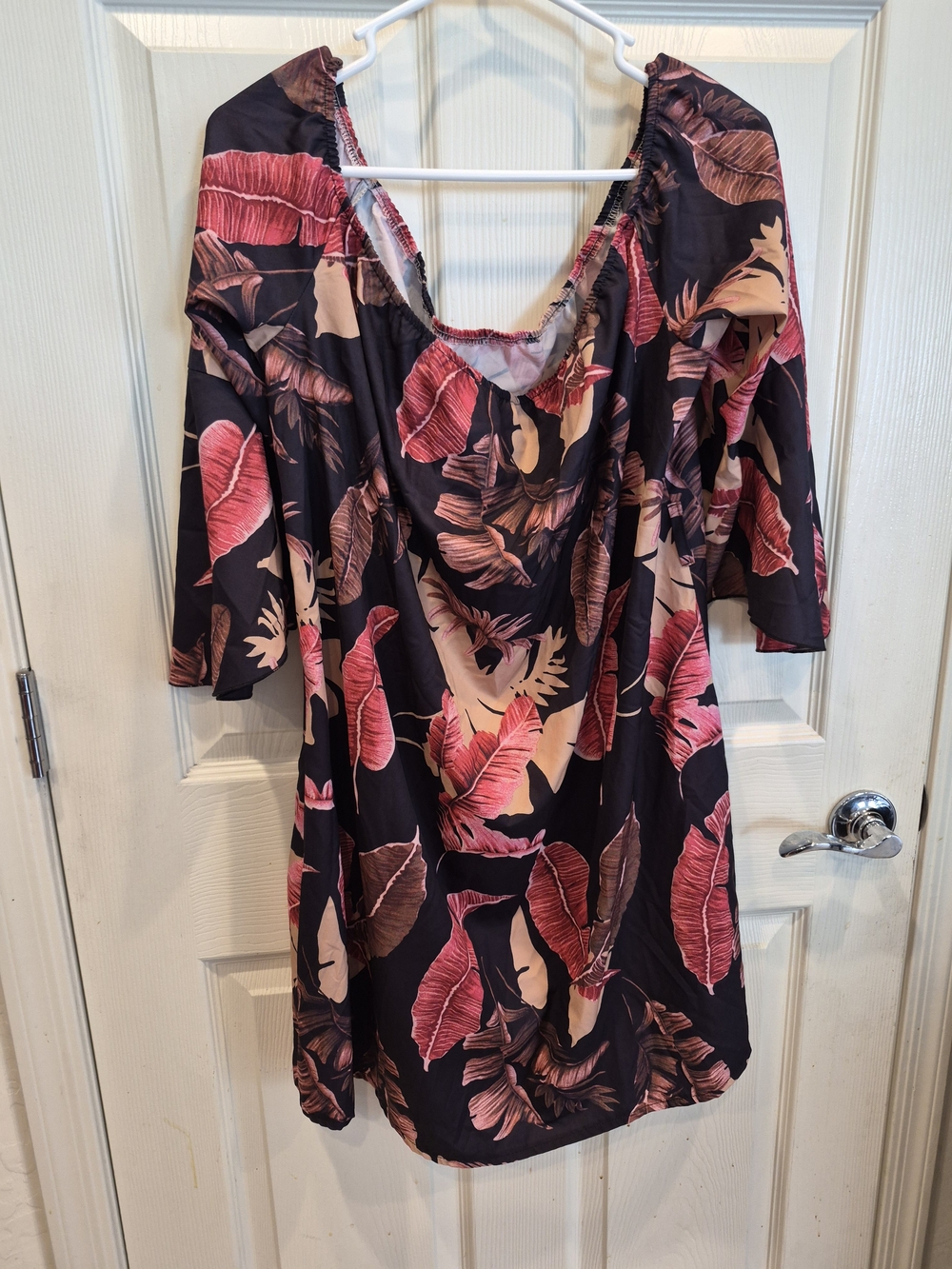 SHEIN Black Midi Dress with Pink and Cream Tropical Leaf Print